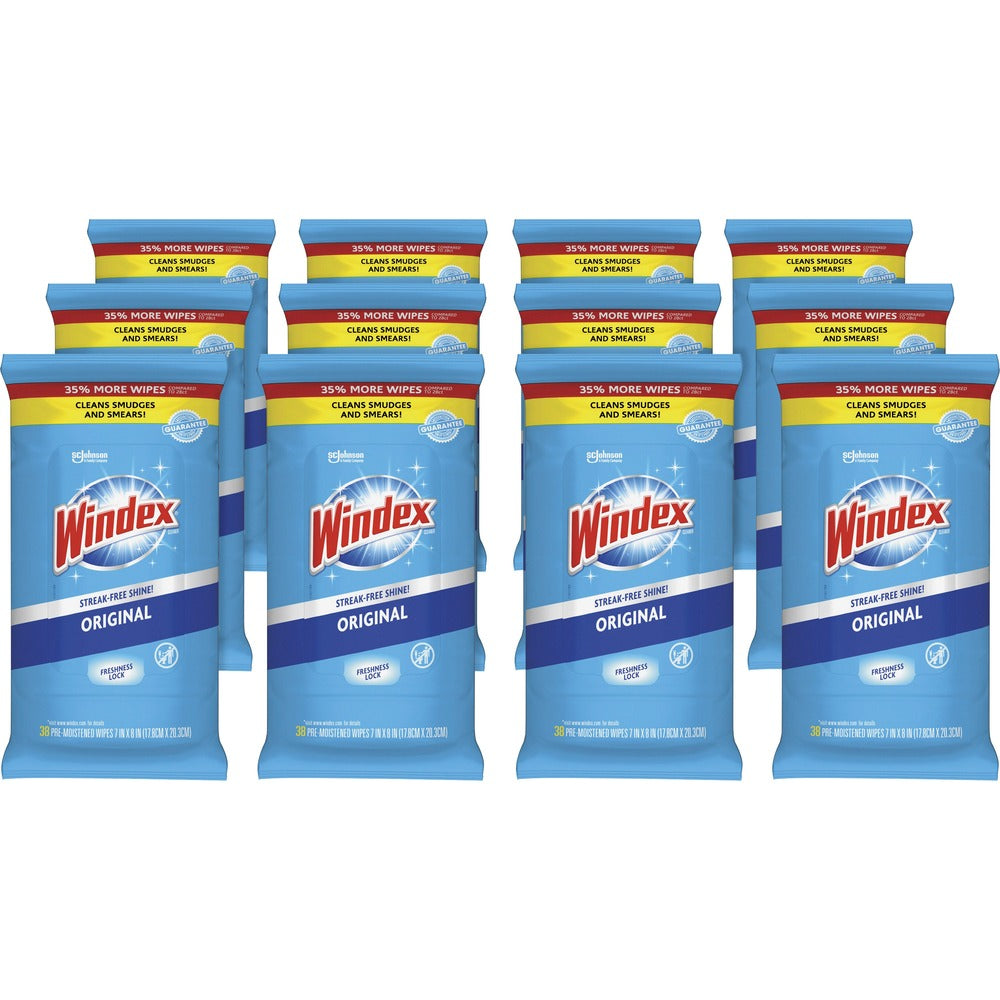 Image of S.C. JOHNSON & SON, INC Wipes, f/Glass/Multisurface, Windex, 38/PK, 12PK/CT, White