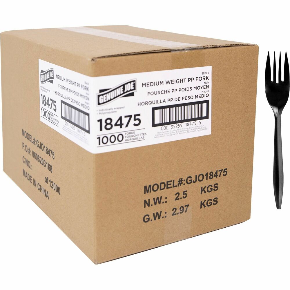 Image of Genuine Joe Forks,Medium-weight Polypropylene,Wrapped,1000/CT,Black