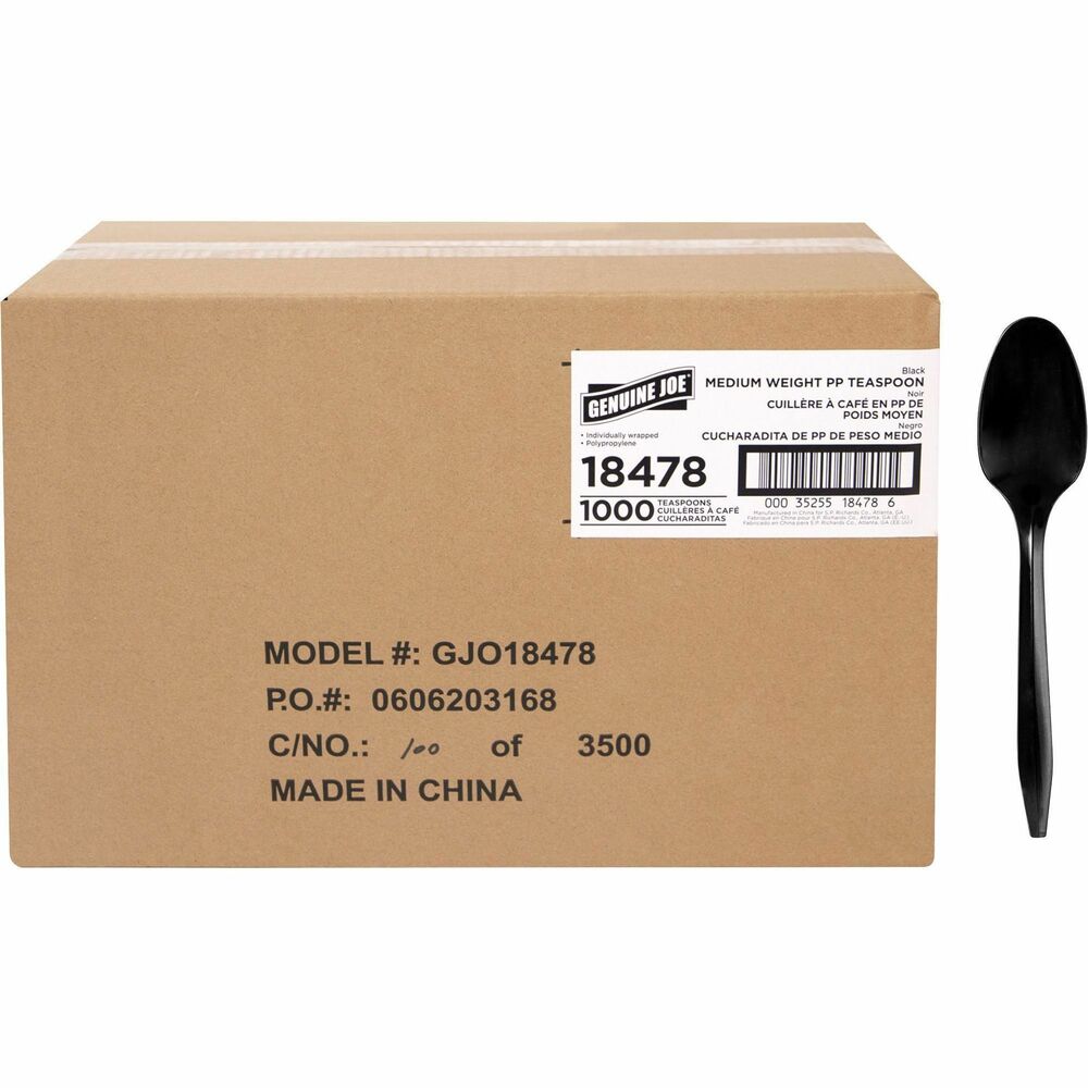 Image of Genuine Joe Teaspoons,Medium-weight Polypropylene,Wrapped,1000/CT,Black