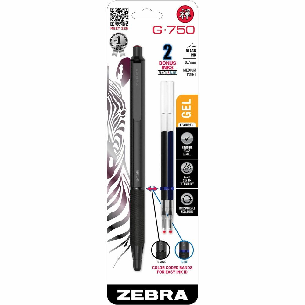 Image of Zebra Pen,Gel,Retractable,G-750,2 Ink Refills,0.7mm,BK