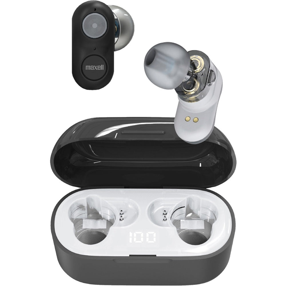 Image of Maxell Earbuds,Bluetooth,Dual Driver,w/Charging Case,20-Hour,BK