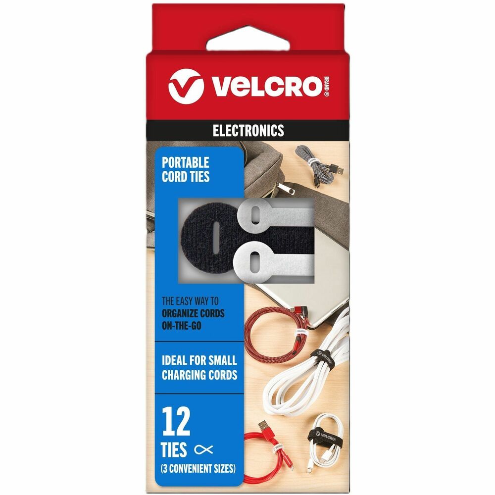 Image of Velcro Industries Cord Ties, Portable, Hook/Loop, 12/PK, AST