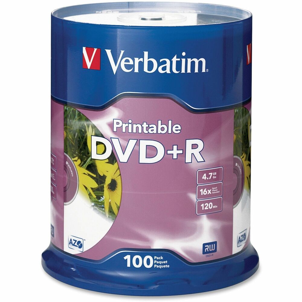 Image of Verbatim DVD+R, 16x, 4.7GB, Inkjet Printable, Spindle, 100/PK, White
