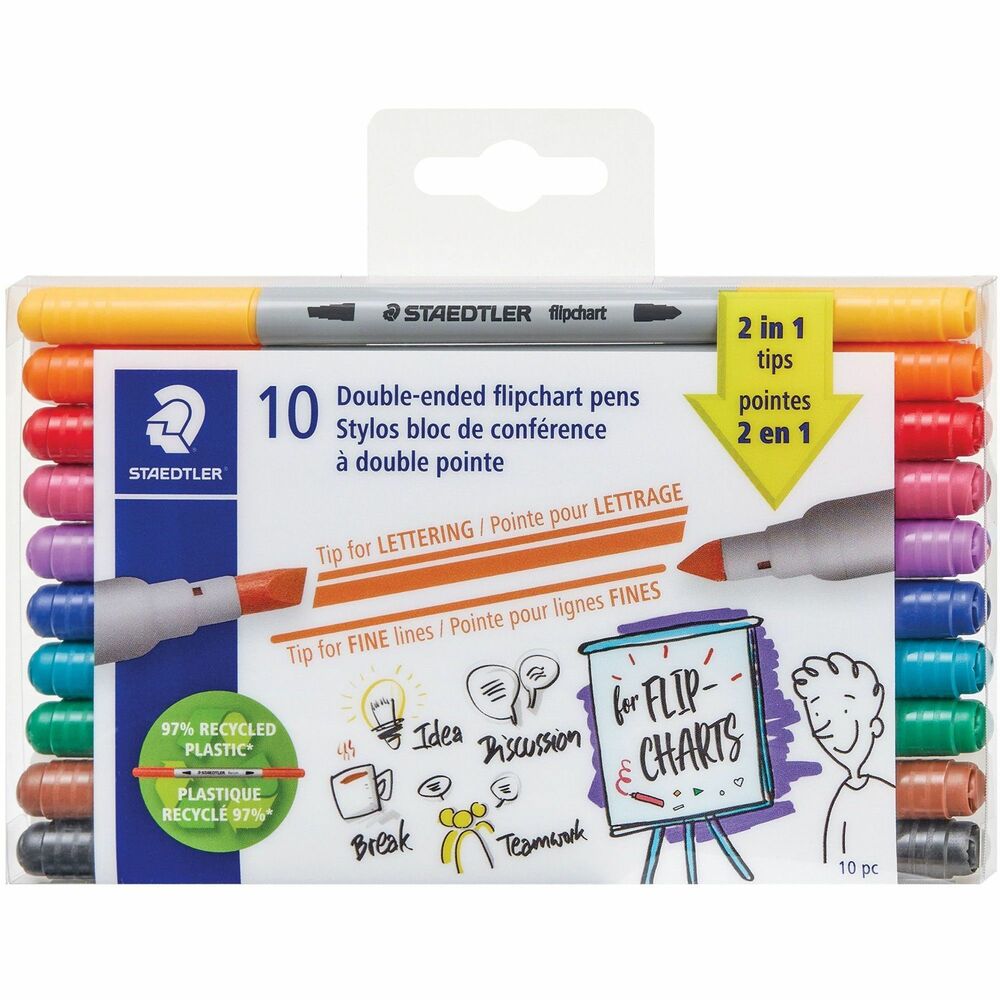 Image of Staedtler Markers,Dry Erase,Double-ended,Chisel/Bullet,10/PK,AST