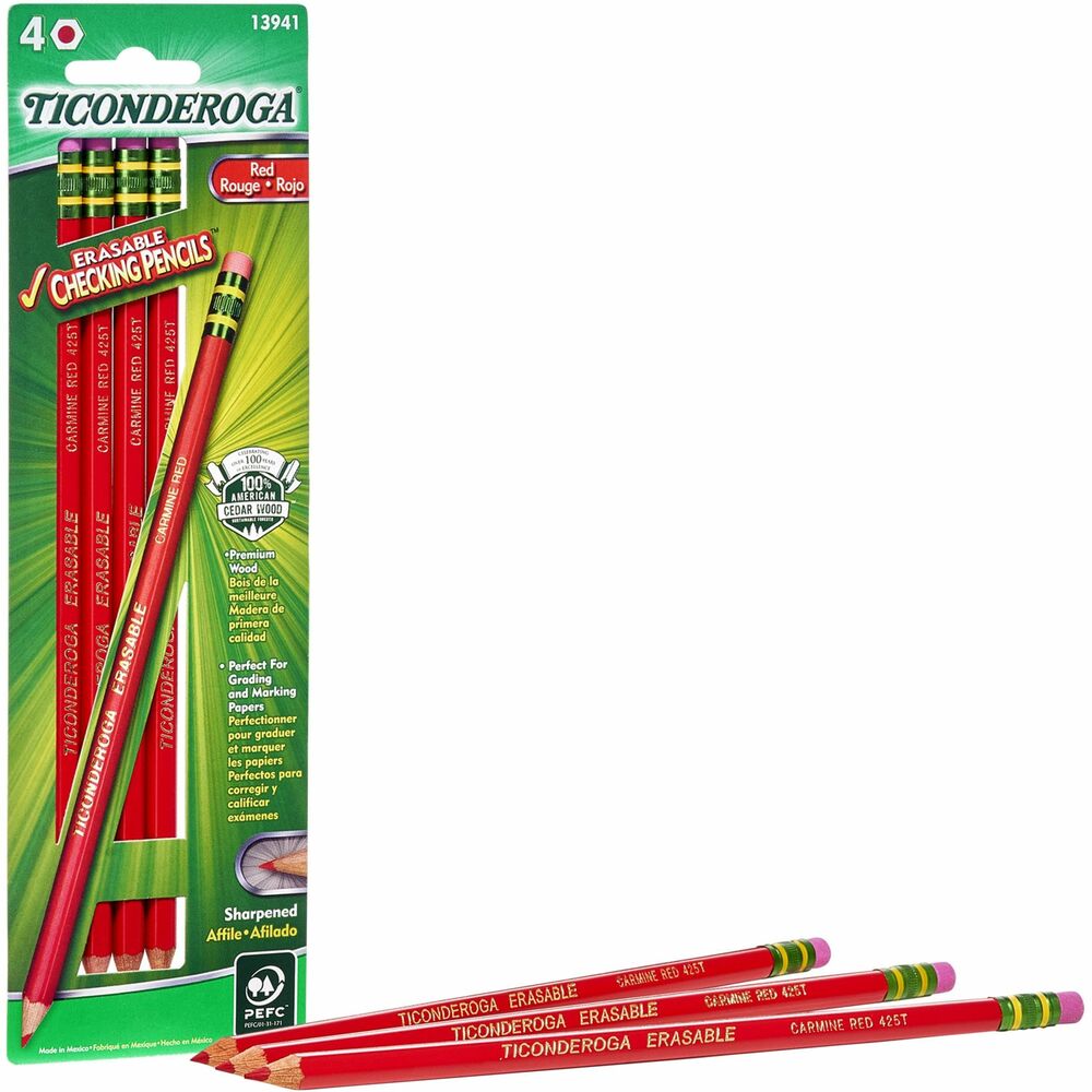 Image of Dixon Ticonderoga Company Pencils,Erasable,w/Eraser,4/BX,Carmine Red Lead/Barrel
