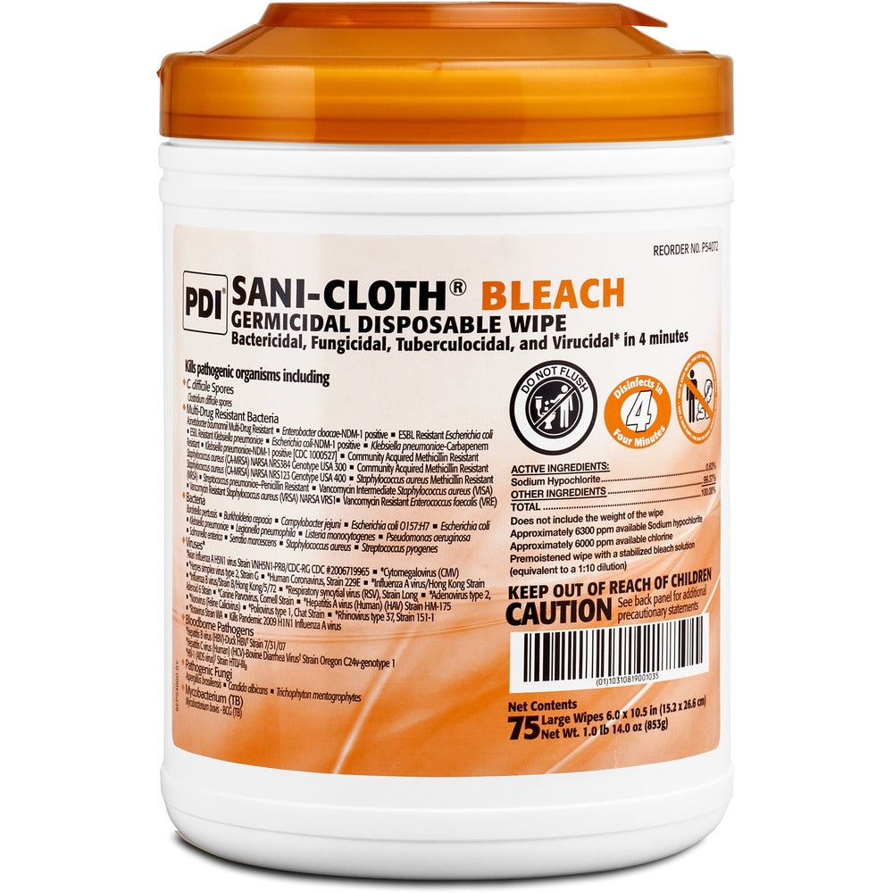 Image of PDI HC Cleaning Wipes, w/Bleach, 6"x10-1/2", 75/Canister, White