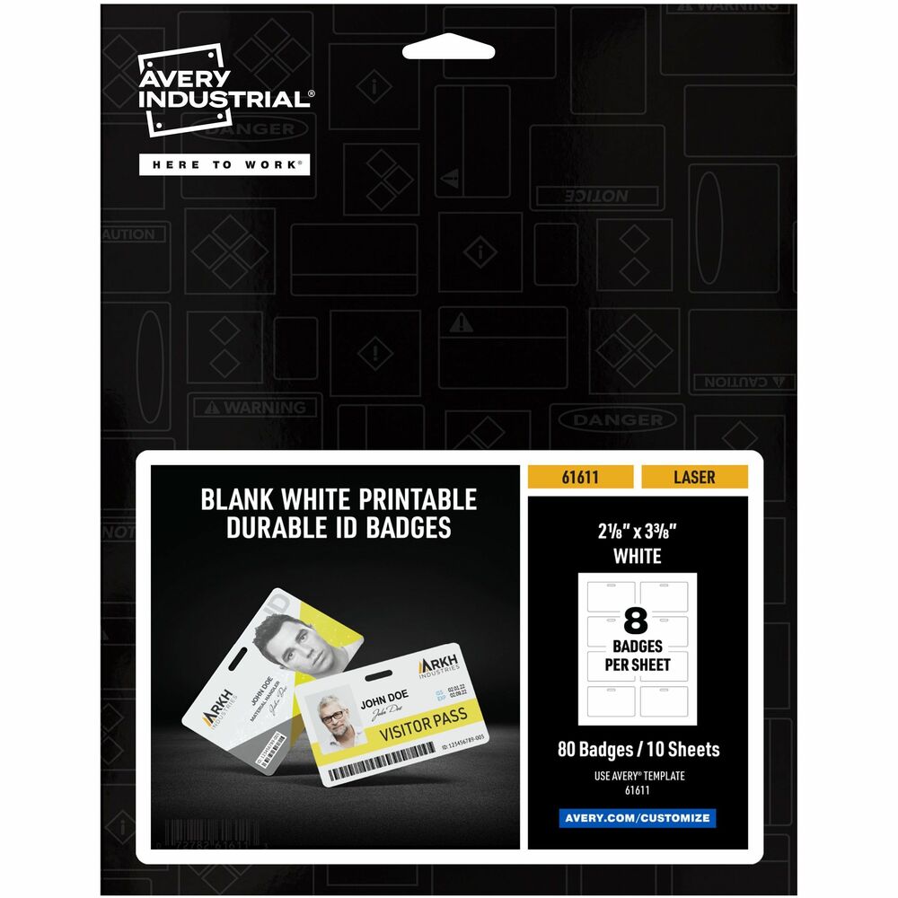 Image of Avery ID Badge,w/Clip Hole,Poly,Wide,11 mil,3.375"x2.125",80/PK,WE