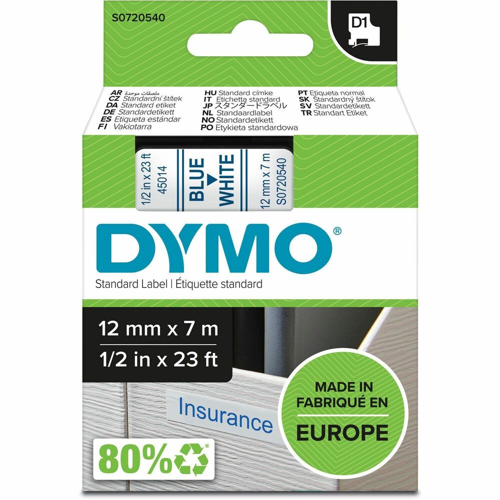 Image of Dymo Label Tape,f/DYMO Labelmakers,1/2"x23',Blue/White