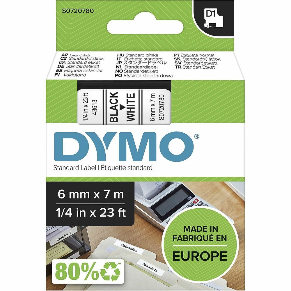 Image of Dymo Label Tape,f/DYMO Labelmakers,1/4"x23',Black/White