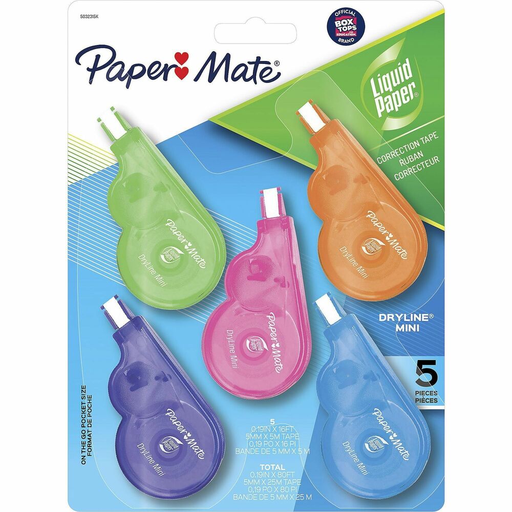 Image of Paper Mate Correction Tape,1/5"x16.4', 5/PK,White Tape, AST Dispensers
