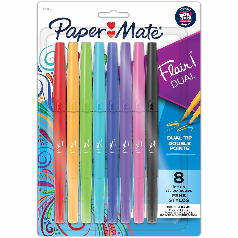 Image of Paper Mate Pens,Flair,Dual-End,Brush/Medium Tip,8/PK,AST