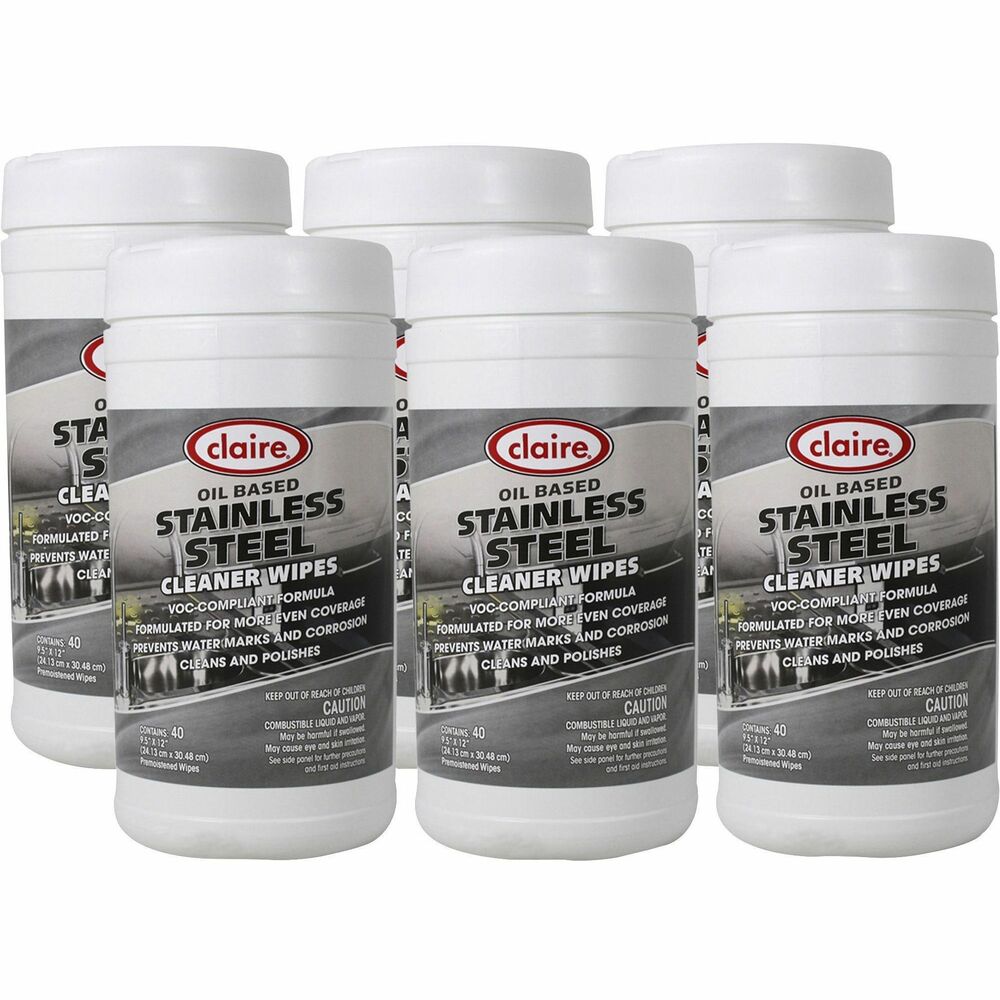Image of Claire Manufacturing Co Wipes,f/Stainless Steel,CitrusScent,9-1/2"x12",40/Tub,6/CT