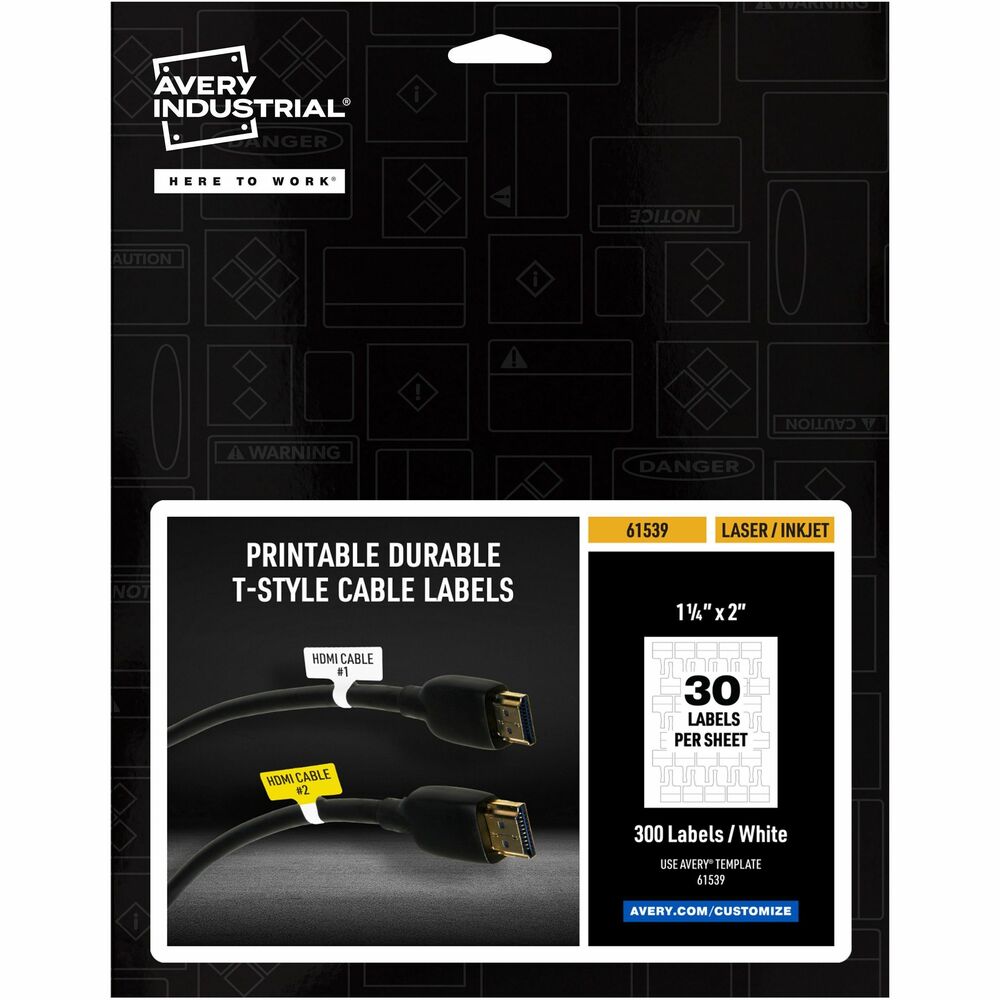 Image of Avery Labels,f/Cables,T-Style, Laser/Inkjet,1.25"x2",300/PK,White