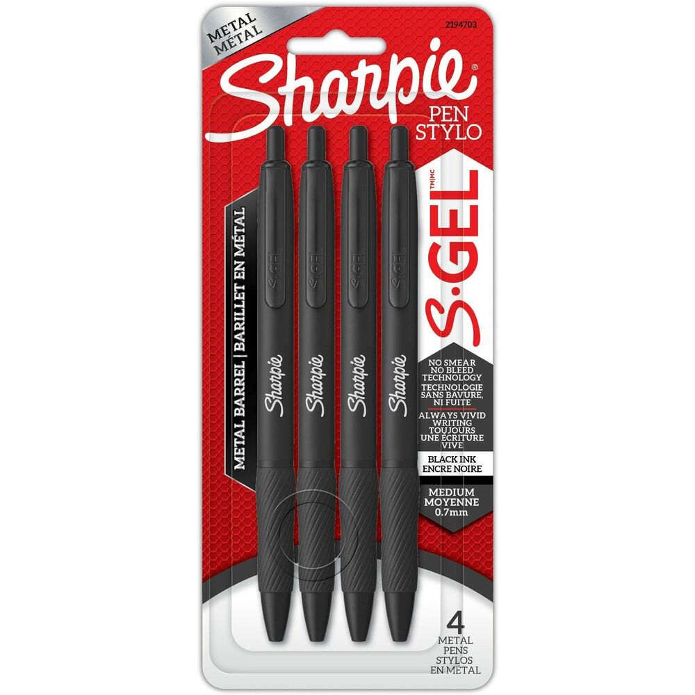 Image of Newell Brands Sharpie Pen, Gel, 0.7mm, 4/PK, Black Metal Barrel/Ink