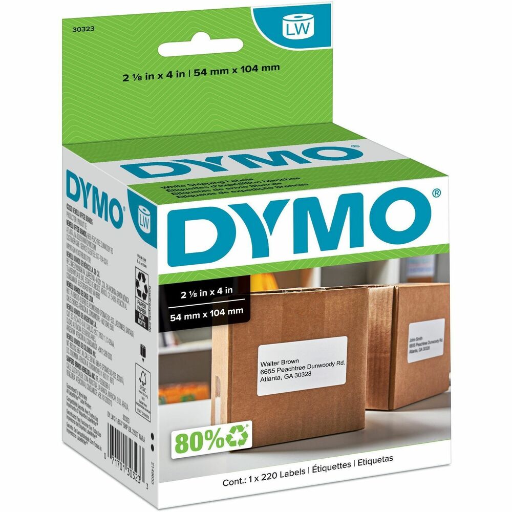 Image of Dymo Shipping Labels, 4"x2-1/8", 220/RL, 10RL/CT, White