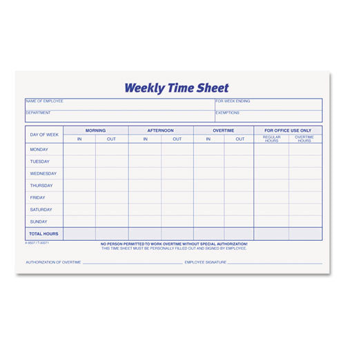 Image of TOPS Weekly Time Sheets, One-Part (No Copies), 8.5 x 5.5, 50 Forms/Pad, 2 Pads/Pack