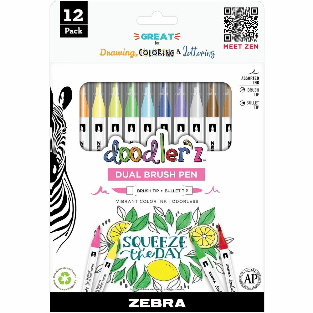 Image of Zebra Pens,Dual-End,Brush/Bullet Tip,Water-Based,12/PK,AST
