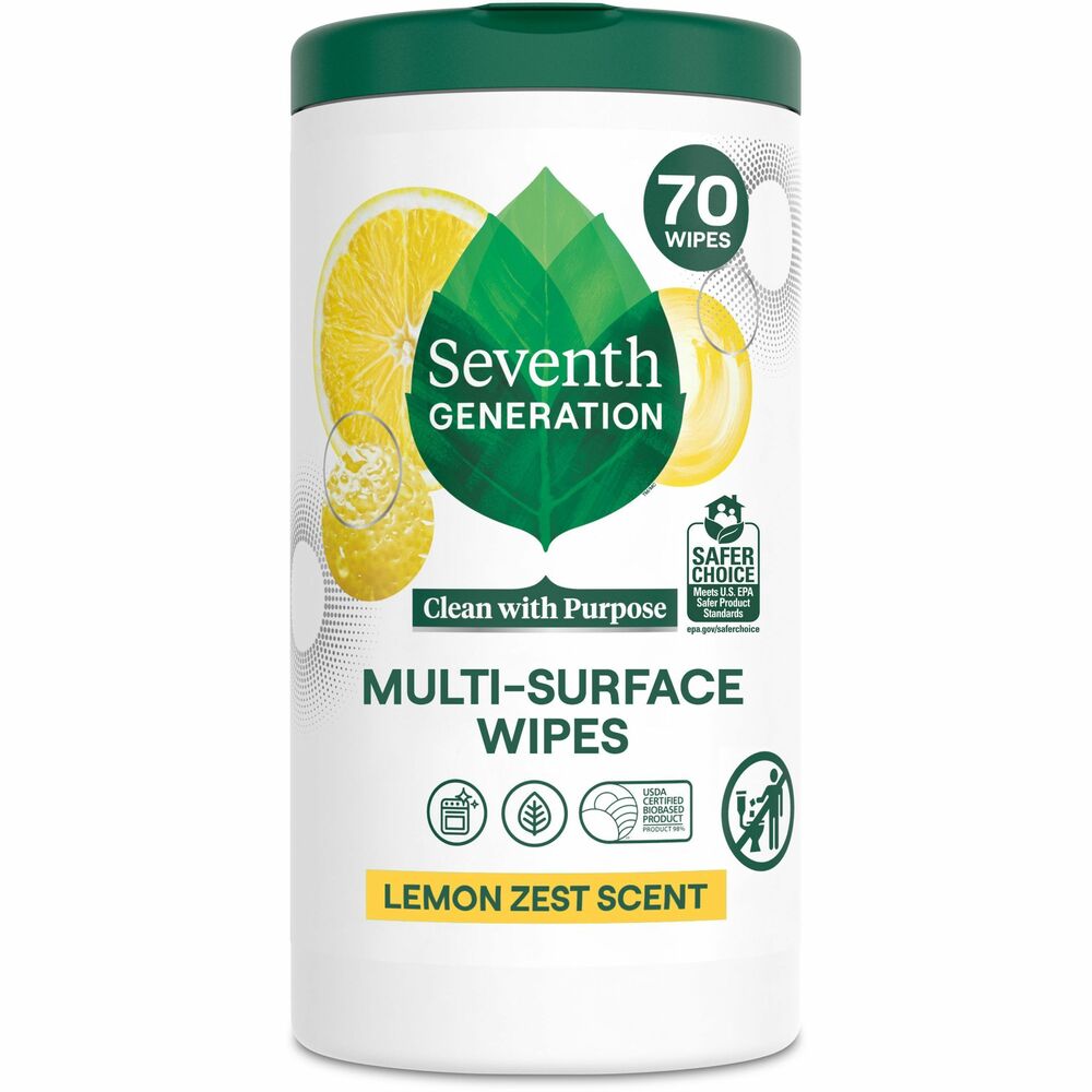 Image of Seventh Generation Cleaning Wipes,All-Purpose,Lemon Zest,70 Wipes/Tub