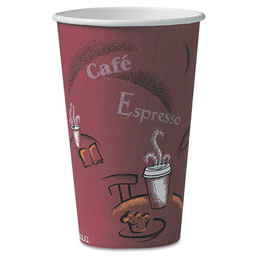 Image of SOLO® Paper Hot Drink Cups in Bistro Design, 16 oz, Maroon, 300/Carton