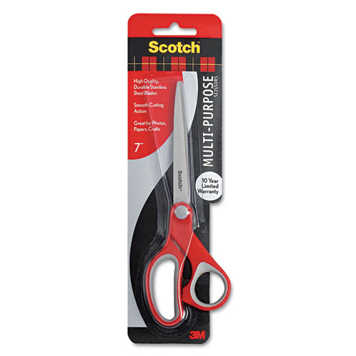 Image of Scotch® Multi-Purpose Scissors, 7" Long, 3.38" Cut Length, Straight Gray/Red Handle