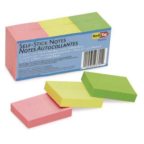 Image of Redi-Tag® Self-Stick Notes, 1.5" x 2", Assorted Neon Colors, 100 Sheets/Pad, 12 Pads/Pack