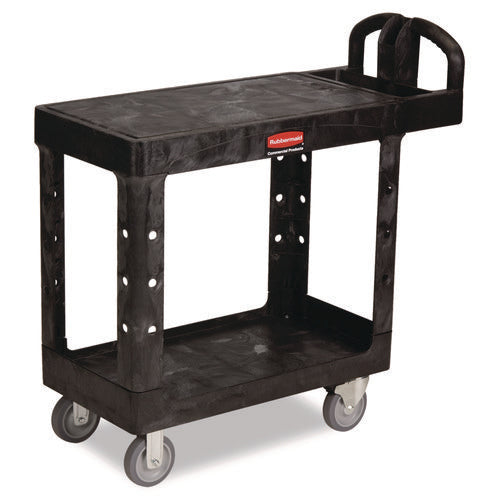 Image of Rubbermaid® Commercial Flat Shelf Utility Cart, Plastic, 2 Shelves, 500 lb Capacity, 19.19" x 37.88" x 33.33", Black