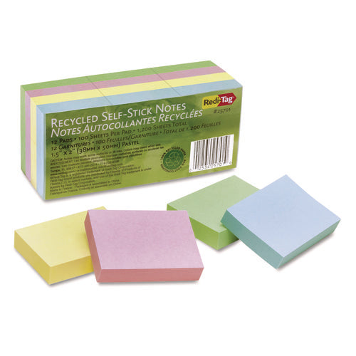 Image of Redi-Tag® 100% Recycled Self-Stick Notes, 1.5" x 2", Assorted Pastel Colors, 100 Sheets/Pad, 12 Pads/Pack