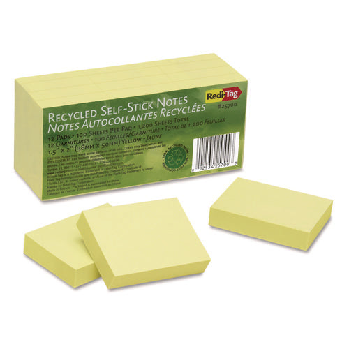 Image of Redi-Tag® 100% Recycled Self-Stick Notes, 1.5" x 2", Yellow, 100 Sheets/Pad, 12 Pads/Pack