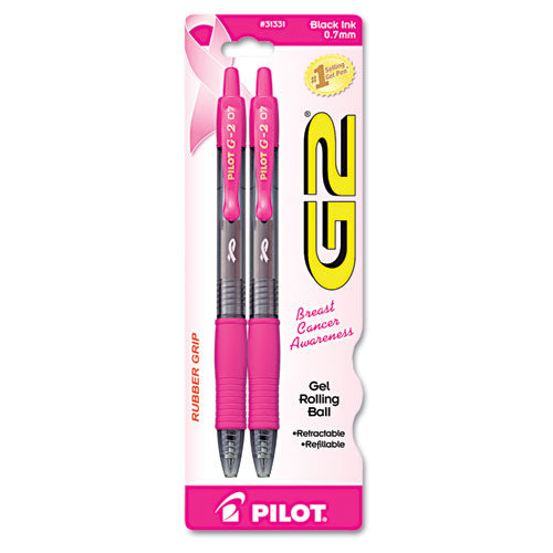 Image of Pilot® G2 Premium Breast Cancer Awareness Gel Pen, Retractable, Fine 0.7 mm, Black Ink, Smoke/Pink Barrel, 2/Pack