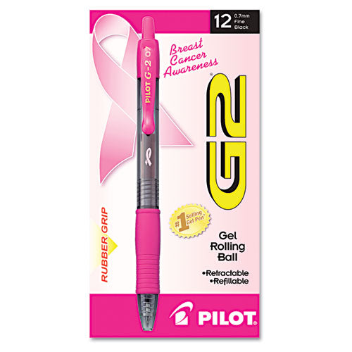 Image of Pilot® G2 Premium Breast Cancer Awareness Gel Pen, Retractable, Fine 0.7 mm, Black Ink, Smoke/Pink Barrel, Dozen