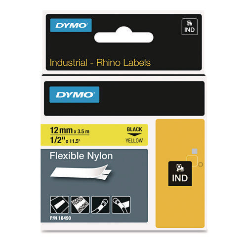 Image of DYMO® Rhino Flexible Nylon Industrial Label Tape, 0.5" X 11.5 Ft, Yellow/black Print