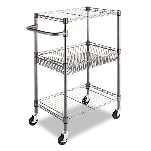 Image of Alera® Three-Tier Wire Cart with Basket, Metal, 2 Shelves, 1 Bin, 500 lb Capacity, 28" x 16" x 39", Black Anthracite