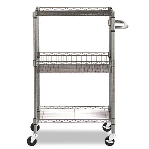 Image of Alera® Three-Tier Wire Cart with Basket, Metal, 2 Shelves, 1 Bin, 500 lb Capacity, 28" x 16" x 39", Black Anthracite