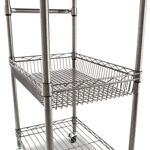 Image of Alera® Three-Tier Wire Cart with Basket, Metal, 2 Shelves, 1 Bin, 500 lb Capacity, 28" x 16" x 39", Black Anthracite