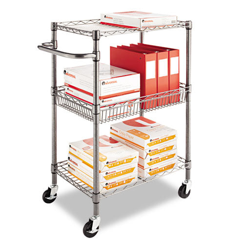 Image of Alera® Three-Tier Wire Cart with Basket, Metal, 2 Shelves, 1 Bin, 500 lb Capacity, 28" x 16" x 39", Black Anthracite