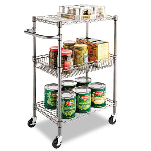 Image of Alera® Three-Tier Wire Cart with Basket, Metal, 2 Shelves, 1 Bin, 500 lb Capacity, 28" x 16" x 39", Black Anthracite