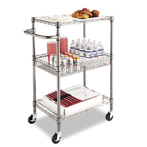 Image of Alera® Three-Tier Wire Cart with Basket, Metal, 2 Shelves, 1 Bin, 500 lb Capacity, 28" x 16" x 39", Black Anthracite