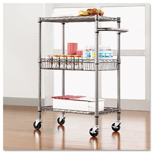 Image of Alera® Three-Tier Wire Cart with Basket, Metal, 2 Shelves, 1 Bin, 500 lb Capacity, 28" x 16" x 39", Black Anthracite