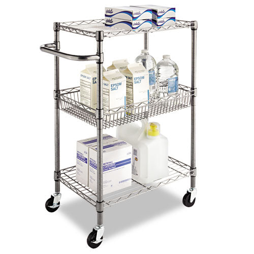 Image of Alera® Three-Tier Wire Cart with Basket, Metal, 2 Shelves, 1 Bin, 500 lb Capacity, 28" x 16" x 39", Black Anthracite
