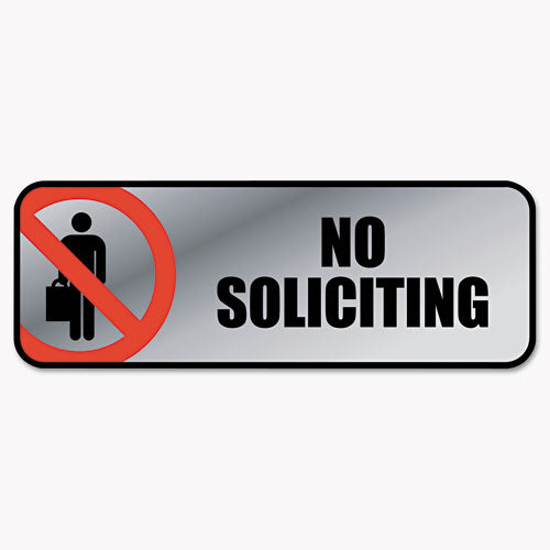 Image of COSCO Brushed Metal Office Sign, No Soliciting, 9 X 3, Silver/red
