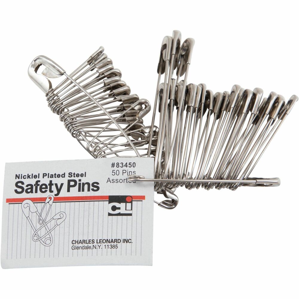 Image of Charles Leonard, Inc Safety Pins, Assorted Sizes, Nickel Plated, 50 Ea/Pk