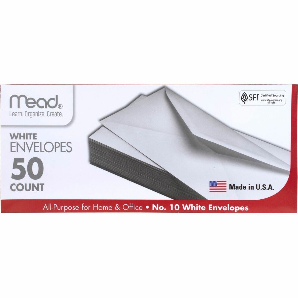 Image of Mead Plain Envelopes, Gummed, No 10, 50/BX, White