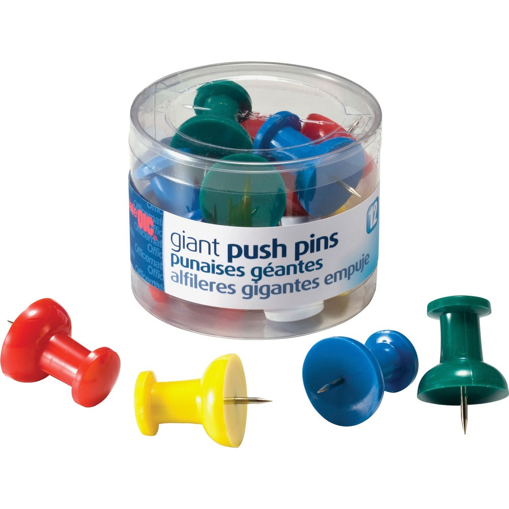 Image of Officemate Giant Pushpins, 1-1/2",12/PK, Clear Tub, Assorted