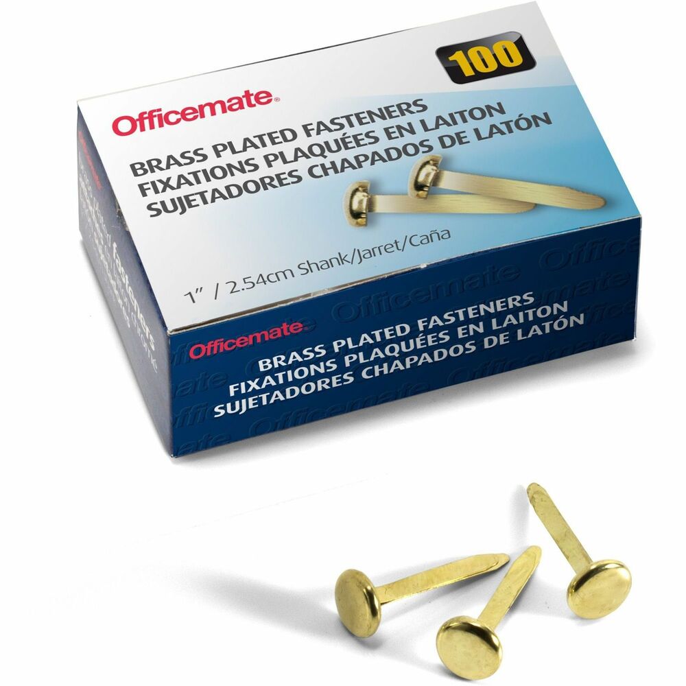 Image of Officemate Roundhead Fastener, 1" Shank, 3/8" Head, Brass Pltd, 100/BX