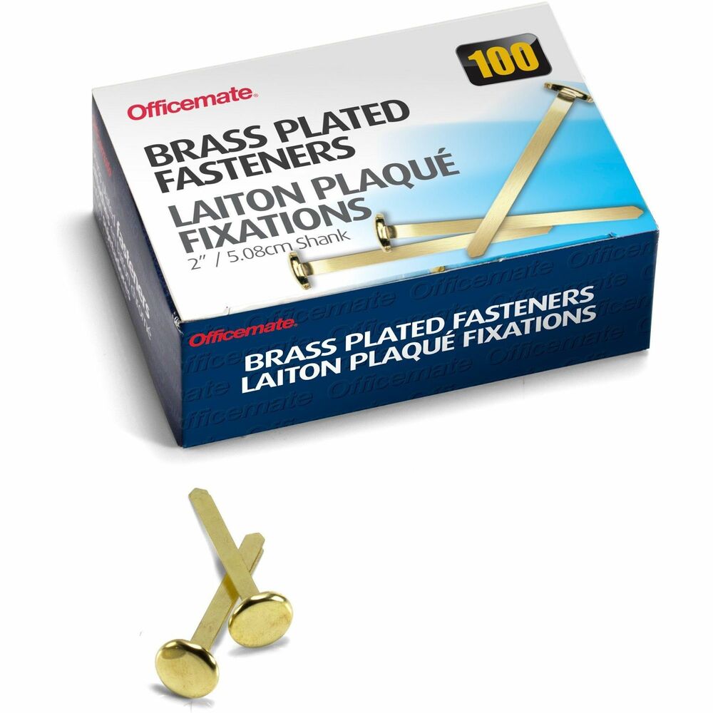 Image of Officemate Roundhead Fastener, 2" Shank, 1/2" Head, Brass Pltd, 100/BX