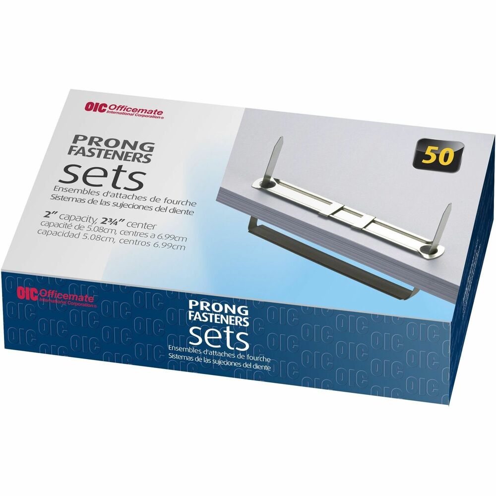 Image of Officemate Prong Fastener Set, 2-3/4",C-C of prongs,2" Cap,50/BX,Silver