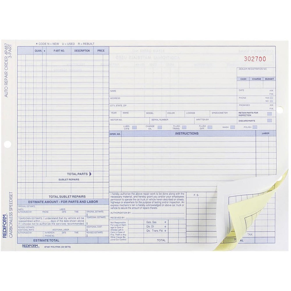Image of Rediform Auto Repair Order Form, Speediset,3-Part,50/PK,8-1/2"x11"