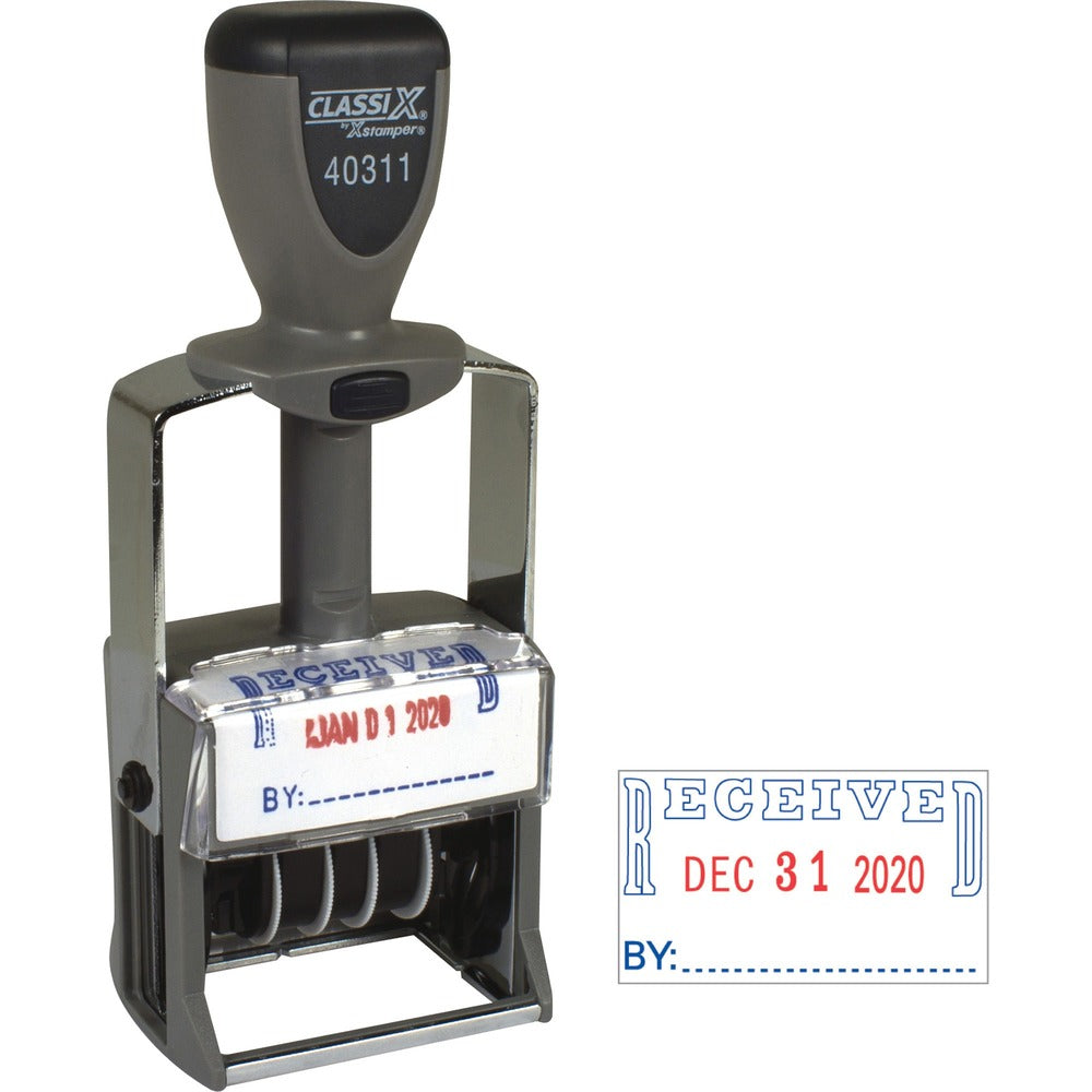 Image of Shachihata Inc Self-Inking Line Dater, Heavy-Duty, "Received", Blue/Red
