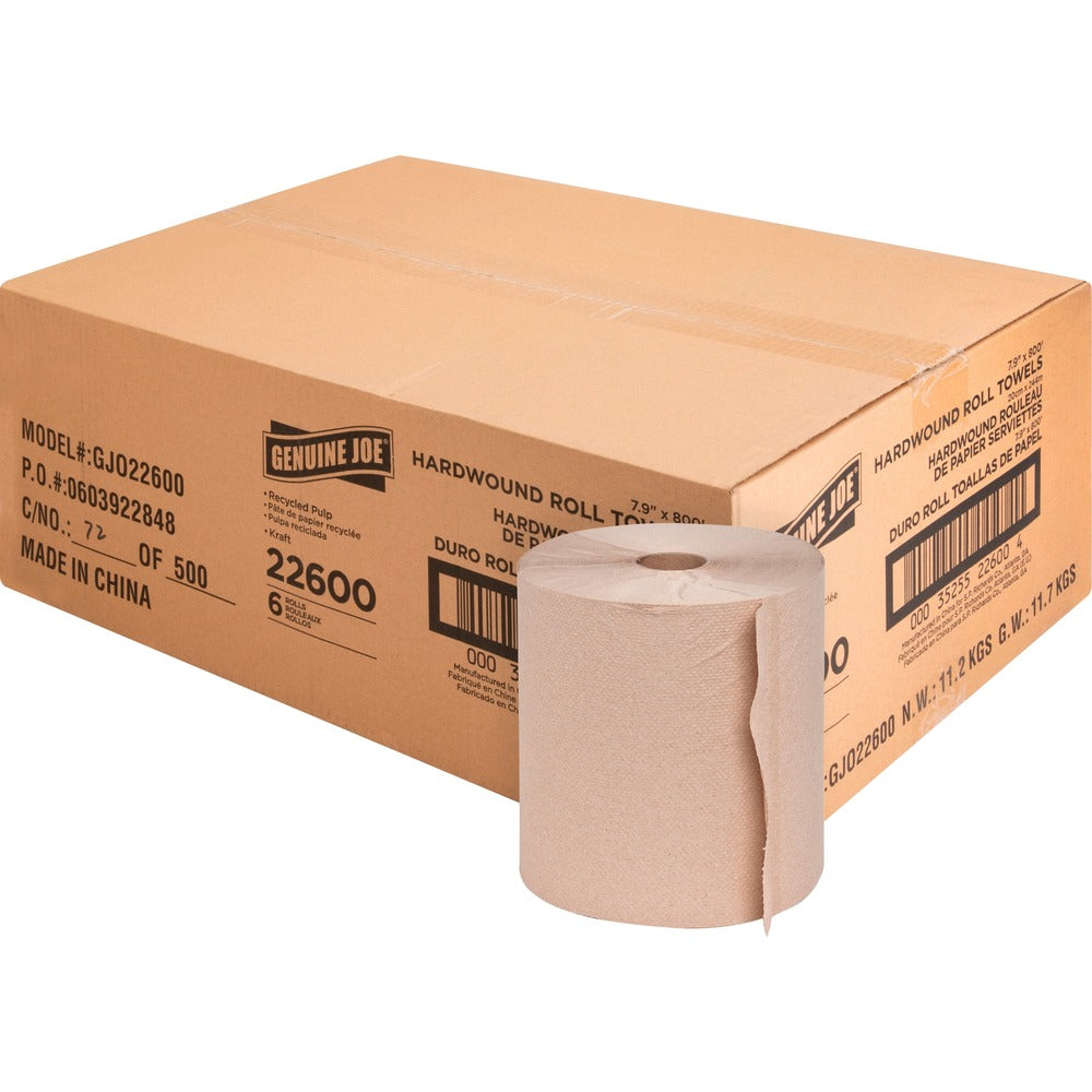 Image of Genuine Joe Hardwound Roll Towels,2"Core, 7-7/8"x800', 6 Rolls/CT,NL