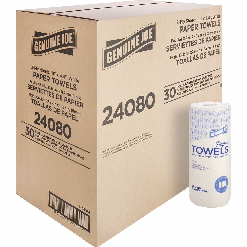 Image of Genuine Joe Towel Roll,Paper,2-Ply,160 Shts/Roll,11"x4.4",30RL/CT,WE